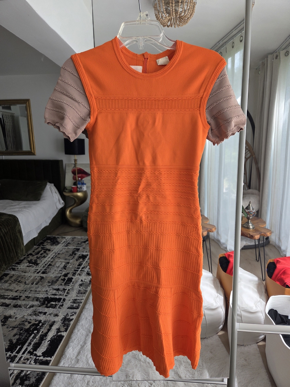 Yigal Azrouel Orange Bandage Midi Dress with Neutral Puff Sleeves